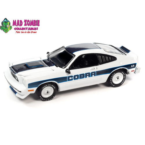 Johnny Lightning 1/64  - Classic Gold 2023 Release 1 Version B - 1978 Ford Mustang Cobra II (Gloss White w/Blue Stripes)