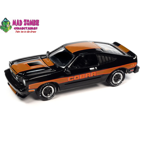 Johnny Lightning 1/64  - Classic Gold 2023 Release 1 Version A - 1978 Ford Mustang Cobra II (Gloss Black w/Gold Stripes)