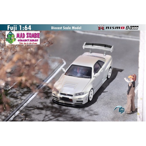 Fuji 1/64 Scale - Skyline GT-R R34 Z-Tune High Wing Edition Chrome Pearl White