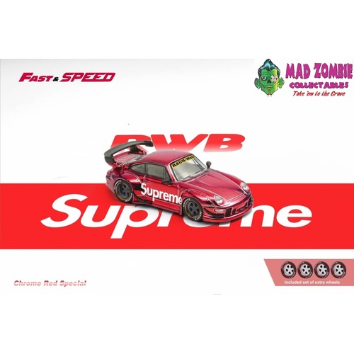Fast & Speed 1/64 Scale - RWB993 GT Wing Chrome Red Supreme Livery (Comes With 1 Set Spare Rims and Acrylic Base)