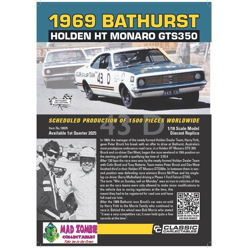 Classic Carlectables 1/18 Scale - Holden HT Monaro 1969 Bathurst 43D - Peter Brock & Des West (Limited Edition) 