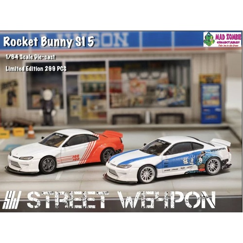 Street Weapon 1/64 Scale - Silvia S15, Pandem Rocket Bunny Modified. White-Orange or White-Blue - PRE-ORDER