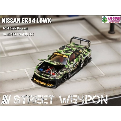 Street Weapon 1/64 Scale - Skyline GT-R R34 LB, Super Silhouette ER34 Open-Hood, Visible Engine Bape Camouflage -  PRE-ORDER