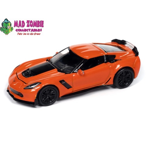 Auto World 1/64 Premium 2024 Release 2A - 2019 Chevrolet Corvette Z06(with Z07 Performance Package) Sebring Orange w/ Gloss Black Hood Center