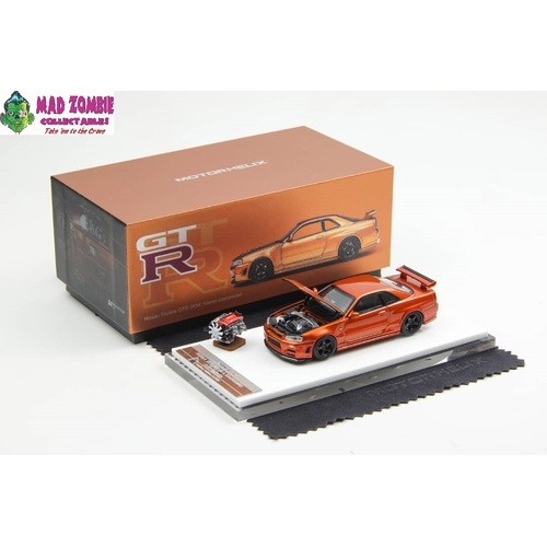 Motorhelix 1/64 - Skyline GT-R, R34 Nismo Z-Tune Open-Hood, Visible Engine Sunset Orange Color - (PRE-ORDER)