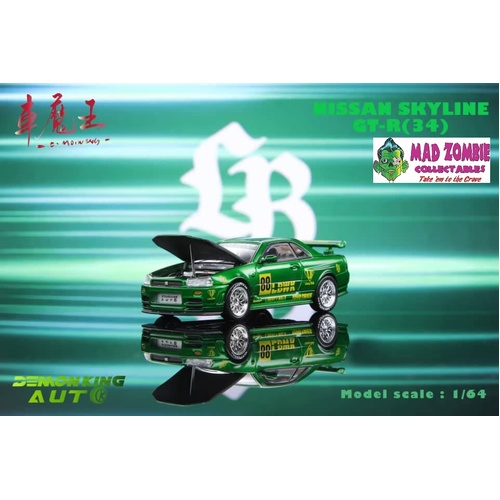 Demon King Auto 1/64 Scale - Skyline GT-R R34 Z-Tune Open-Hood, Visible Engine Transparent Green #88 - (PRE-ORDER)