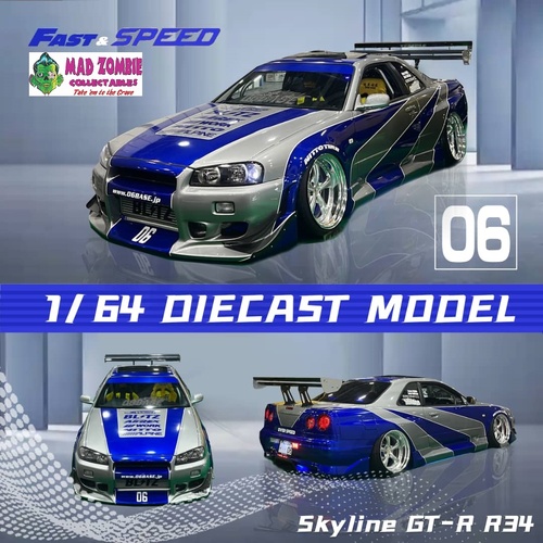Fast and Speed  1/64 Scale - Skyline GT-R R34 Silver Blue Strips Livery (Chrome TE37 Rims) Not Lowride Version  (PRE-ORDER)