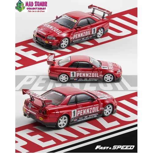 Fast and Speed 1/64 Scale - Skyline GT-R R34 Nismo Z-Tune AIT Carshow Specail - Red Pennzoil #1 Livery (PRE-ORDER)