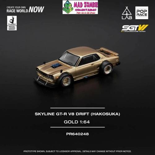 Pop Race 1/64 Scale - Taiwan Exclusive Edition SKYLINE GT-R V8 DRIFT (HAKO) Gold (LIMITED EDITION) (VERY RARE)