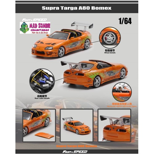 Fast and Speed 1/64 Scale - Supra A80 Targa, Bomex Modified. FNF Orange Livery Each Comes With Removable-Top - (PRE-ORDER)