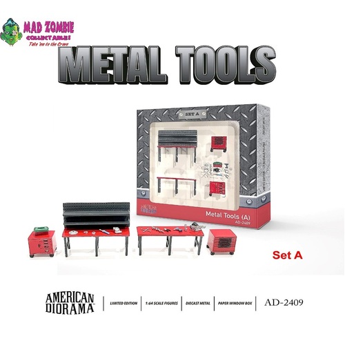 American Diorama 1/64 - Figure Set: Metal Tools – Set A  (Include 2 pcs of Workbench, 2 pcs of Cabinets, and 12 pieces of garage tools)