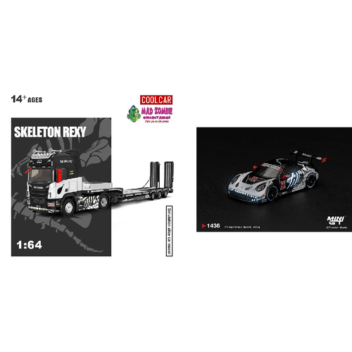 Cool Car & Mini GT 1/64 - REXY COMBO - Porsche 911 GT3 R (992) #77 AO Racing "Skeleton Rexy & Scania Flatbed Trailer - (PRE-ORDER)