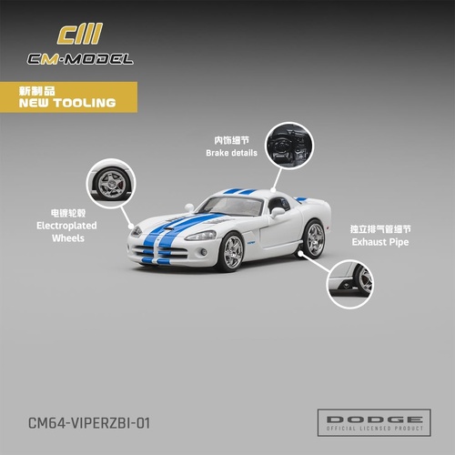 CM Model 1/64 - Dodge Viper（ZBI）Stone White Whit Blue racing stripes - PRE-ORDER