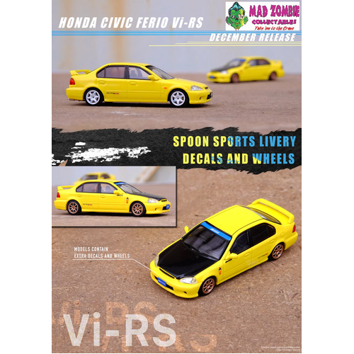 Inno 64 1:64 Scale - Honda Civic Ferio VI-RS "JDM Mod Version" - Spoon Yellow (Extra Wheels & Decals Included)