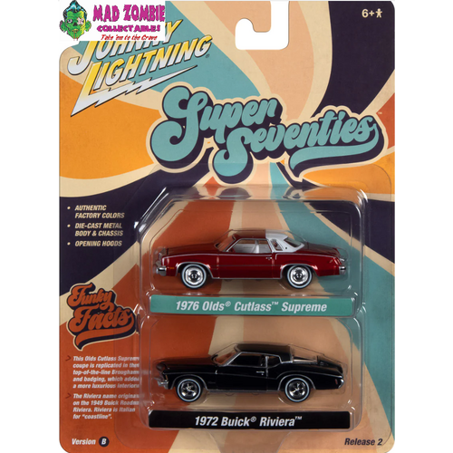 Johnny Lightning 1/64  - Super Seventies 1976 Oldsmobile Cutlass Supreme (Red Poly) & 1972 Buick Riviera (Black) – 2-Pack