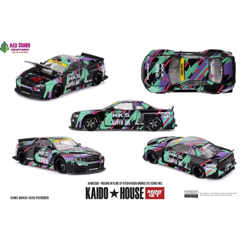 MINI GT x KAIDO HOUSE 1/64 - Nissan Skyline GT-R R34 Kaido Works (V2 Aero) HKS (FACTORY SEALED) - PRE-ORDER