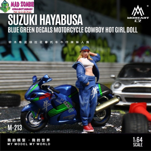 MoreArt 1/64 Scale - Suzuki Hayabusa Blue-Green Motorcycle With Hot Girl Figure (Resin Model) - (PRE-ORDER)