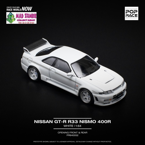 Pop Race 1/64 Scale - NISSAN GT-R R33 NISMO 400R WHITE (with opening front and rear)