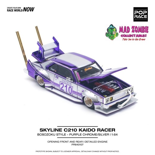 Pop Race 1/64 Scale - SKYLINE C210 KAIDO RACER (BOSOZOKU STYLE) PURPLE CHROME/SILVER
