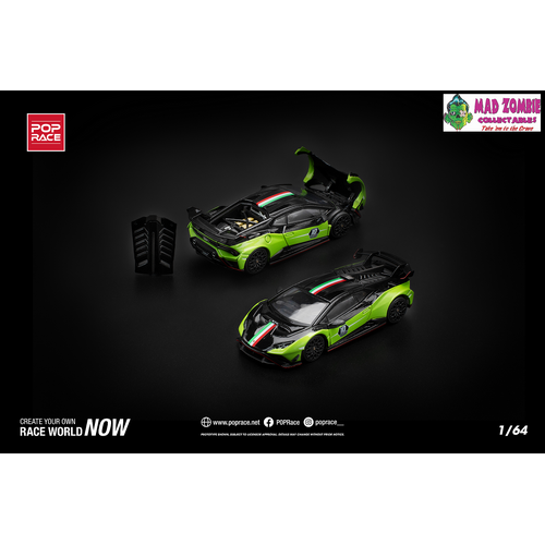 Pop Race 1/64 Scale -  LAMBORGHINI HURACAN STO (LP640-2) 10 ANNIVERSARIO - GREEN/BLACK - PRE-ORDER