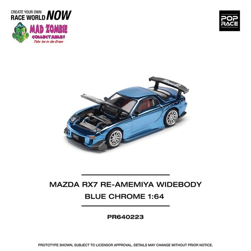Pop Race 1/64 Scale - MAZDA RX7 RE-AMEMIYA WIDEBODY BLUE CHROME - PRE-ORDER