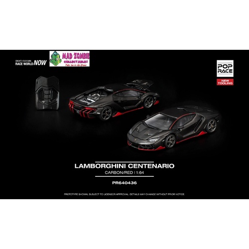 Pop Race 1/64 - LAMBORGHINI CENTENARIO CARBON/RED NEW TOOLING -  PRE-ORDER