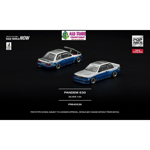 Pop Race 1/64 - PANDEM E30 SILVER NEW TOOLING -  PRE-ORDER