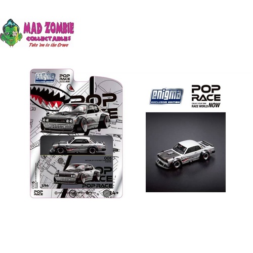 Pop Race x Enigma 1/64 Scale -Skyline GT-R KPGC10 Hakosuka, V8 Drift Modified. Open-Hood, Visible Engine Silver Shark