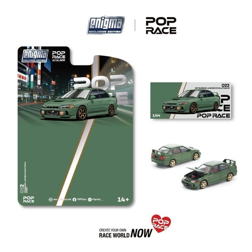 Pop Race 1/64 - Lancer Evolution EVO IV Open-Hood, Visible Engine Green - (BLISTER PACKAGING) - PRE-ORDER