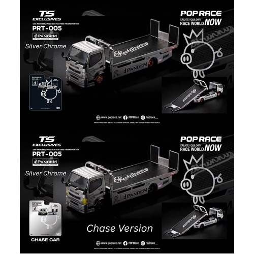 Pop Race 1/64 - PANDEM FUSO 300 FLATBED TRANSPORTER SILVER CHROME - PRE-ORDER