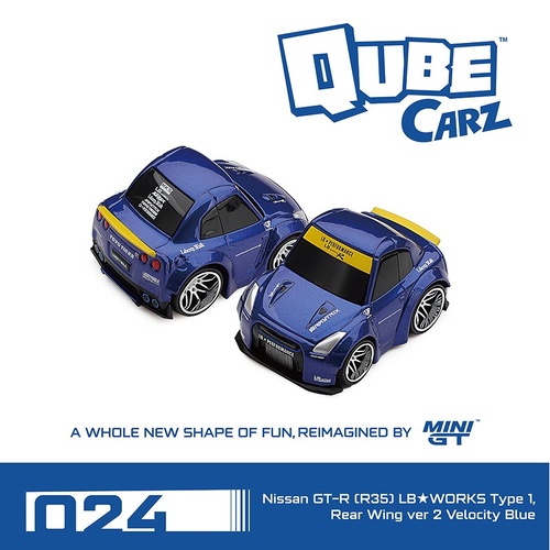 MINI GT Qube Carz - Nissan GT-R (R35) LB★WORKS Type 1, Rear Wing ver 2 Velocity Blue / Blister packaging - PRE ORDER