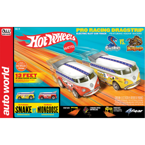 Auto World 13' Hot Wheels "Snake" Vs "Mongoose" Manual Slot Car Drag Racing Set 