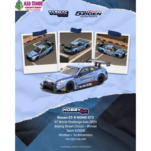 Tarmac Works Hobby 64 - Nissan GT-R NISMO GT3 GT World Challenge Asia 2025 Beijing Street Circuit – Winner TEAM 5ZIGEN Hirobon / Yu Kanam- (PRE-ORDER)