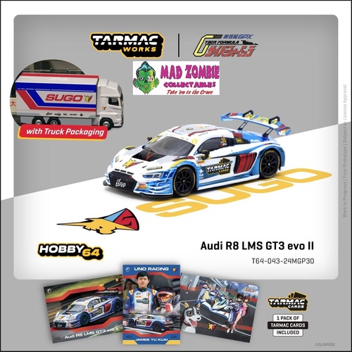 Tarmac Works Hobby 64 - Audi R8 LMS GT3 evo II Macau GT Cup - FIA GT World Cup 2024 Uno Racing James Yu Model Car + Trading Cards Combo  - (PRE-ORDER)