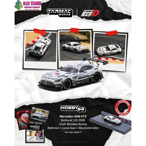 Tarmac Works 64 - Mercedes-AMG GT3 Bathurst 12h 2026 Craft-Bamboo Racing Ralf Aron / Lucas Auer / Maximilian Götz Model Car + Trading Cards Combo Set