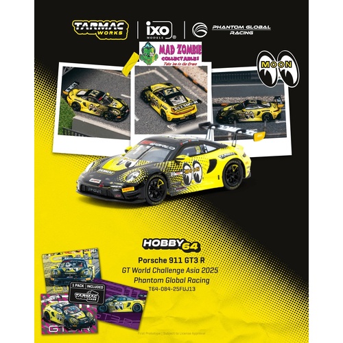 Tarmac Works Hobby 64 - Porsche 911 GT3 R GT World Challenge Asia 2025 Phantom Global Racing Sun Jingzu / Adderly Fong Model Car + Trading Cards Combo
