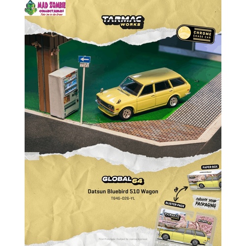 Tarmac Works Global 64  - Datsun Bluebird 510 Wagon Yellow (Possible Chase Supplied) - (PRE-ORDER)