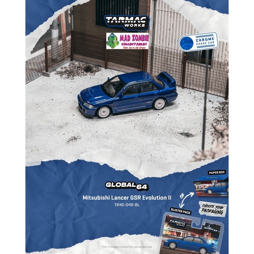 Tarmac Works Global 64 - Mitsubishi Lancer GSR Evolution II Blue (Possible Chase Supplied) - (PRE-ORDER)