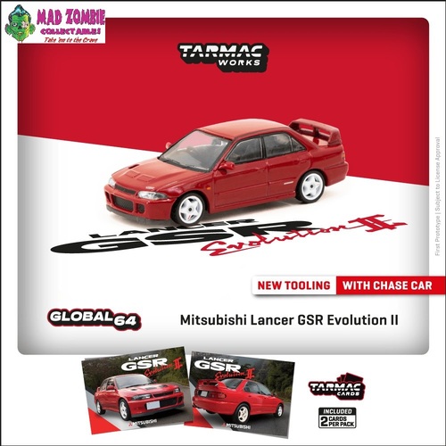 Tarmac Works Global 64 - Mitsubishi Lancer GSR Evolution II Red Model Car + Trading Cards Combo Set