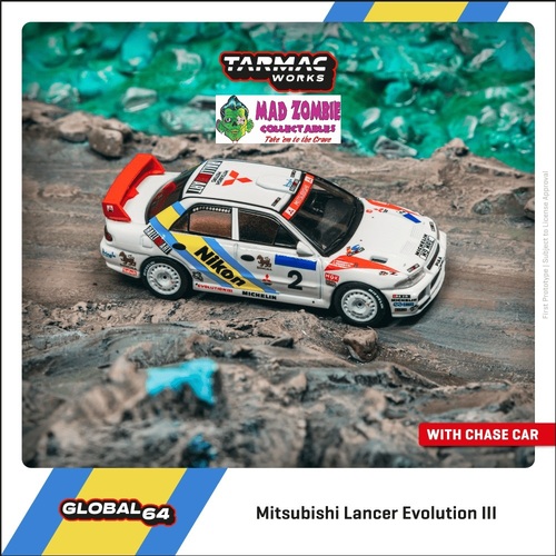 Tarmac Works Global 64 1/64 Scale - Mitsubishi Lancer Evolution III Hong Kong-Beijing Rally 1995 Winner K. Eriksson / S. Parmander