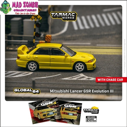 Tarmac Works Global 64 -  Mitsubishi Lancer GSR Evolution III Yellow Model Car + Trading Cards Combo SetMitsubishi Lancer GSR Evolution III Yellow Mod