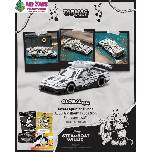 Tarmac Works 64 - Toyota Sprinter Trueno AE86 Widebody by Jon Sibal Mickey & Friends Steamboat Willie Model Car + Tarmac Cards Combo Set - PRE-ORDER