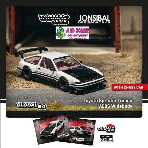 Tarmac Works Global 64 1/64 Scale - Toyota Sprinter Trueno AE86 Widebody by Jon Sibal White / Black Model Car + Trading Cards Combo Set