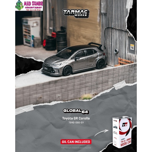Tarmac Works Global 64 - Toyota GR Corolla Grey With Metal Oil Can Packaging - (PRE-ORDER)