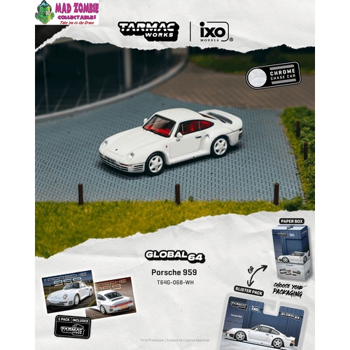 Tarmac Works Global 64 - Porsche 959 White Model Car + Trading Cards Combo Set (Possible Chase Supplied) - (PRE-ORDER)