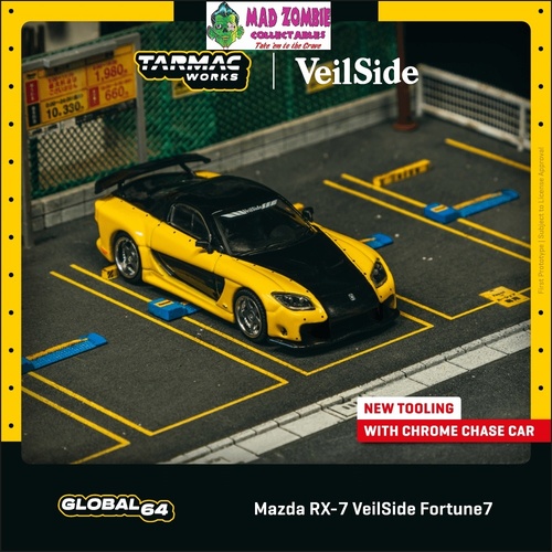 Tarmac Works Global 64 -Mazda RX-7 VeilSide Fortune 7 Yellow / Black  (PRE-ORDER)
