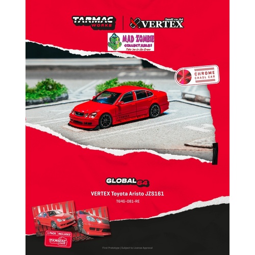 Tarmac Works Hobby 64 - VERTEX Toyota Aristo JZS161 Red Model Car + Trading Cards Combo Set - (PRE-ORDER)