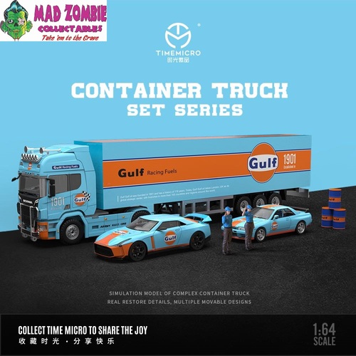 Time Micro 1/64 Scale - Truck with Container Gulf Livery with GTR R32 & GTR50 Set Includes Figurines & Oil Drums